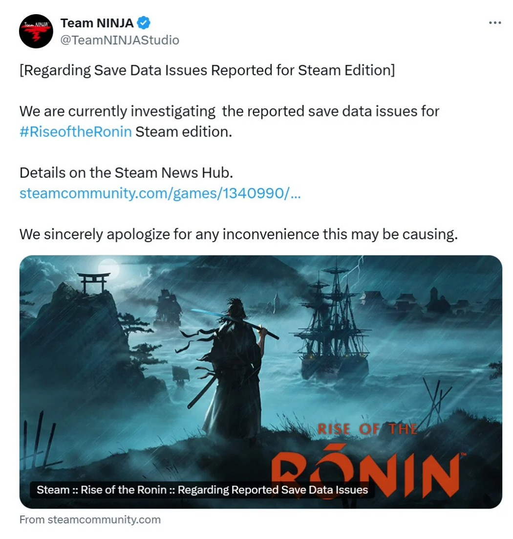 《浪人崛起》Steam版存档丢失问题调查中，忍者组提供临时解决方案-咸鱼单机官网