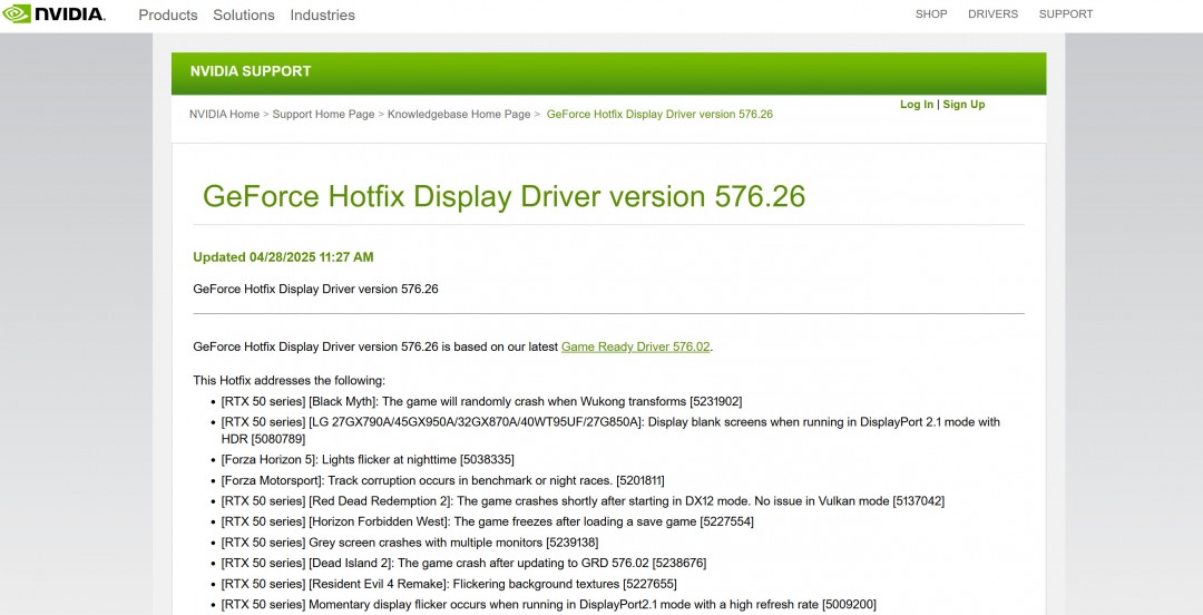 英伟达发布热修复驱动GeForce Hotfix 576.26 修复RTX 50系列问题-咸鱼单机官网