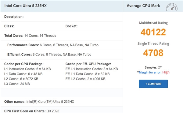 Intel酷睿Ultra 5 235HX处理器首次跑分：单核超越锐龙9 9955HX3D-咸鱼单机官网