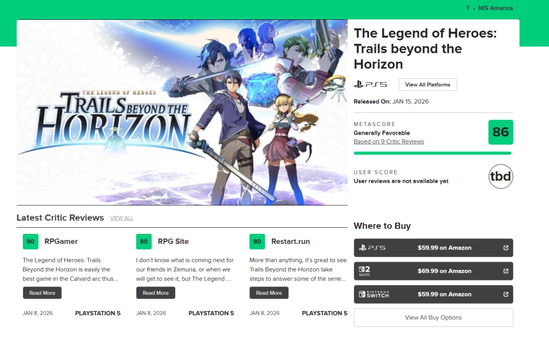 《英雄传说：界之轨迹》英文版1月15日上线，Metacritic媒体均分86-咸鱼单机官网