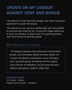 前Bungie总监被解雇案落幕,Christopher Barrett宣布与索尼庭外和解-咸鱼单机官网