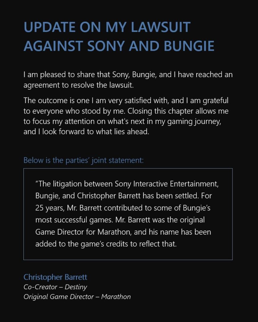 前Bungie总监被解雇案落幕，Christopher Barrett宣布与索尼庭外和解-咸鱼单机官网