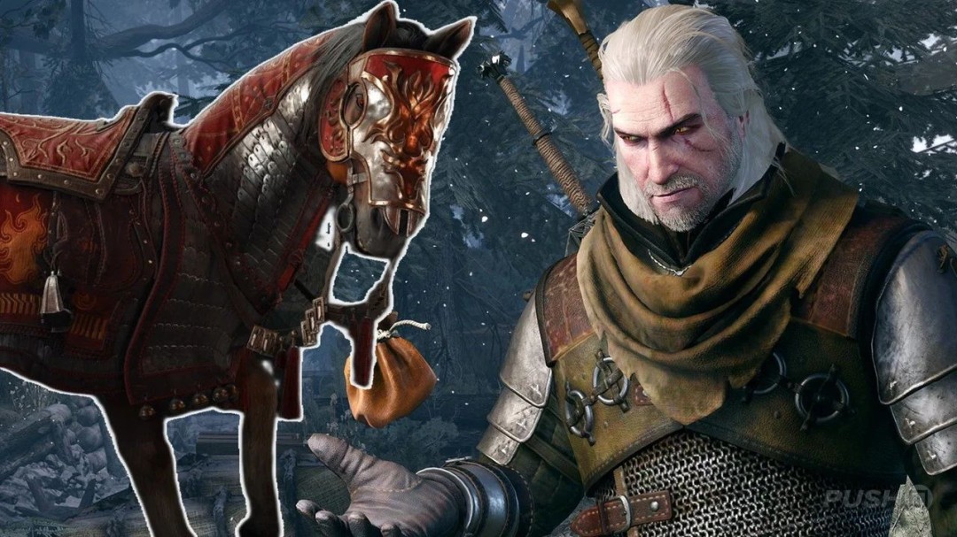 《巫师3:重制版》中杰洛特骑着穿火焰马具的萝卜,背景有低多边形鸽子飞过