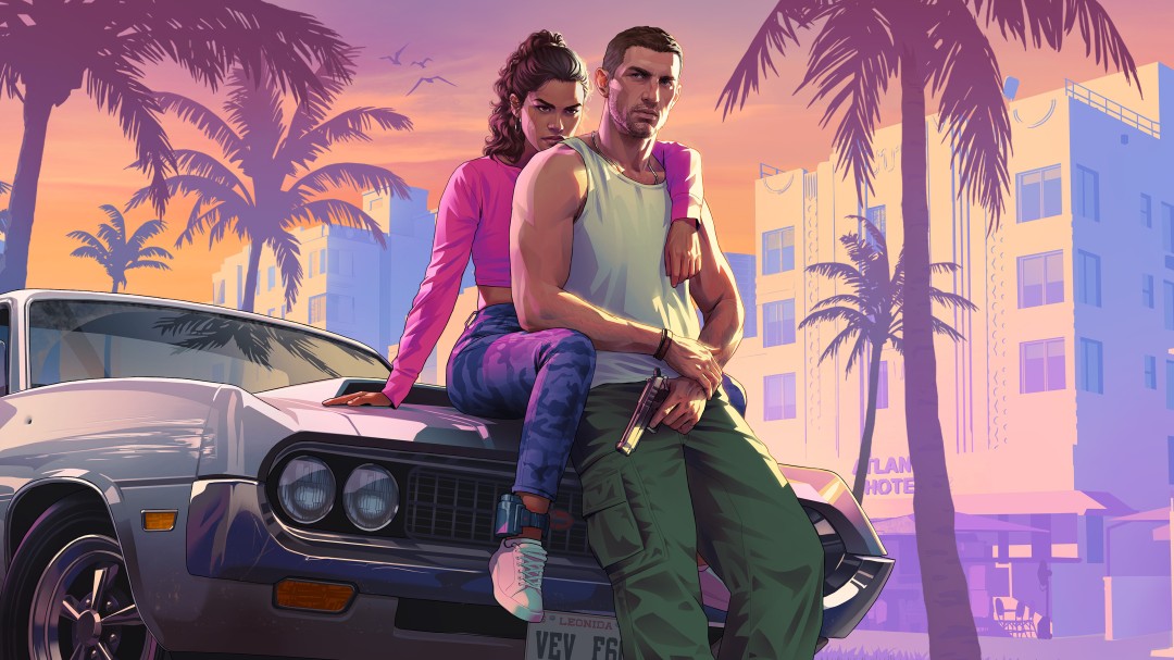 《GTA6》游戏画面概念图,展示以迈阿密为蓝本的罪恶市街景与主角杰森和露西亚