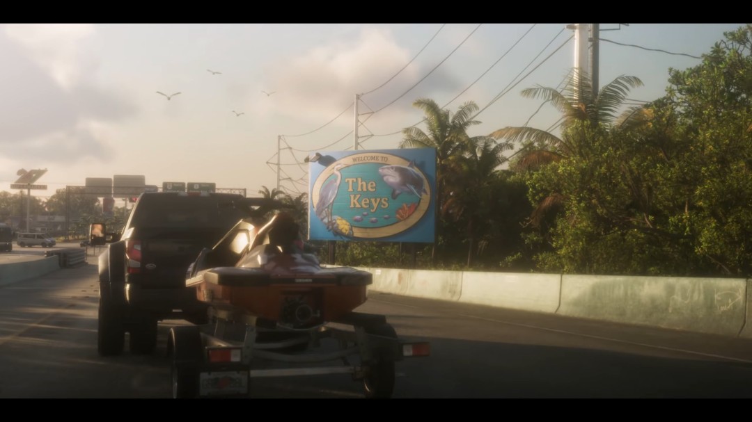 《GTA6》发售预告片中的杰森与露西亚在罪恶都市背景下的画面